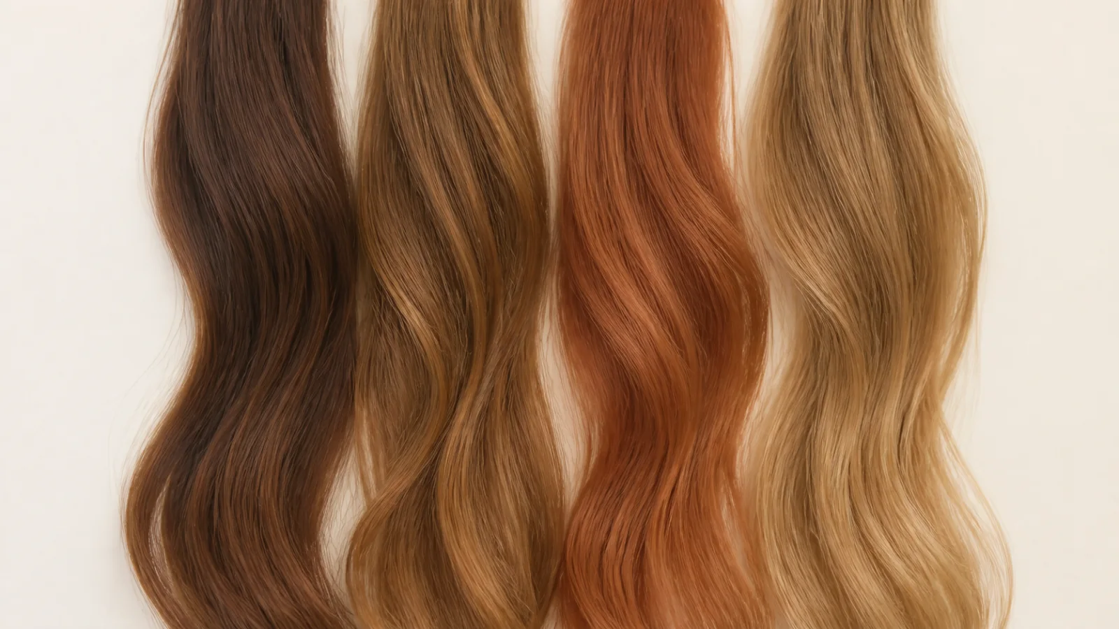 Soft chestnut, caramel brunette, muted copper, and dark golden blonde hair swatches