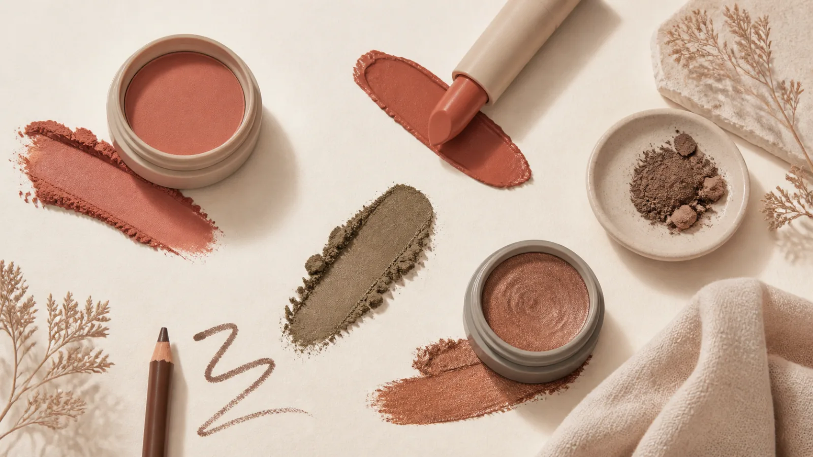 Muted terracotta lipstick, warm rose blush, olive taupe eyeshadow, soft bronze, and warm cocoa makeup